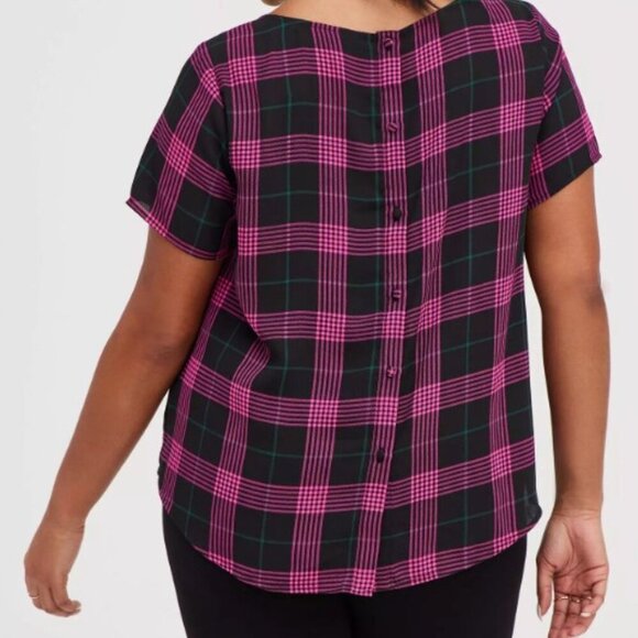 Torrid Pink and Black Georgette Plaid Button Back Sheer Blouse 4 4X 26 - Picture 2 of 8